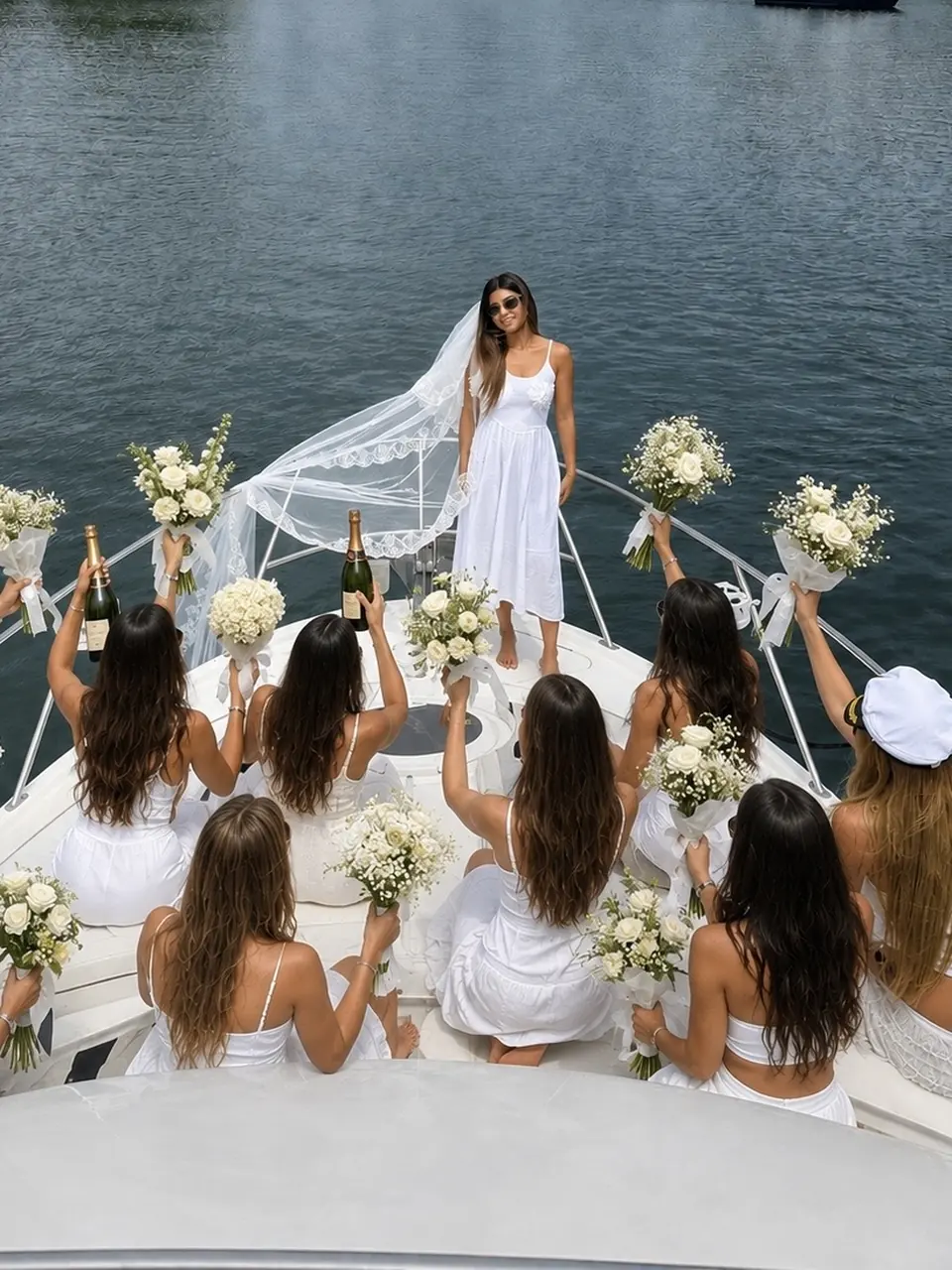 A bride and her party in white on the bow, the Toronto skyline behind.